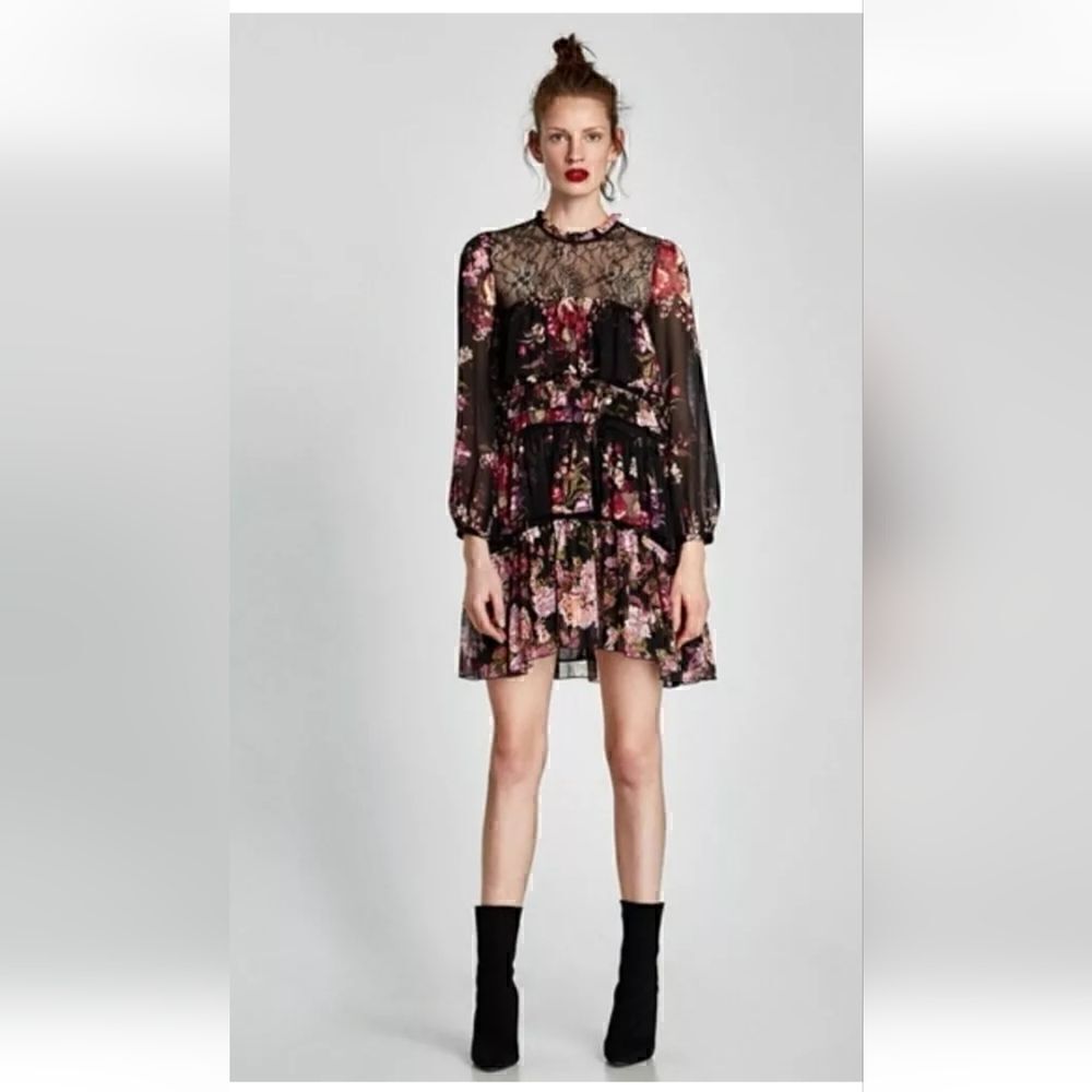 Zara Woman Black Floral Ruffled Dress Size XS